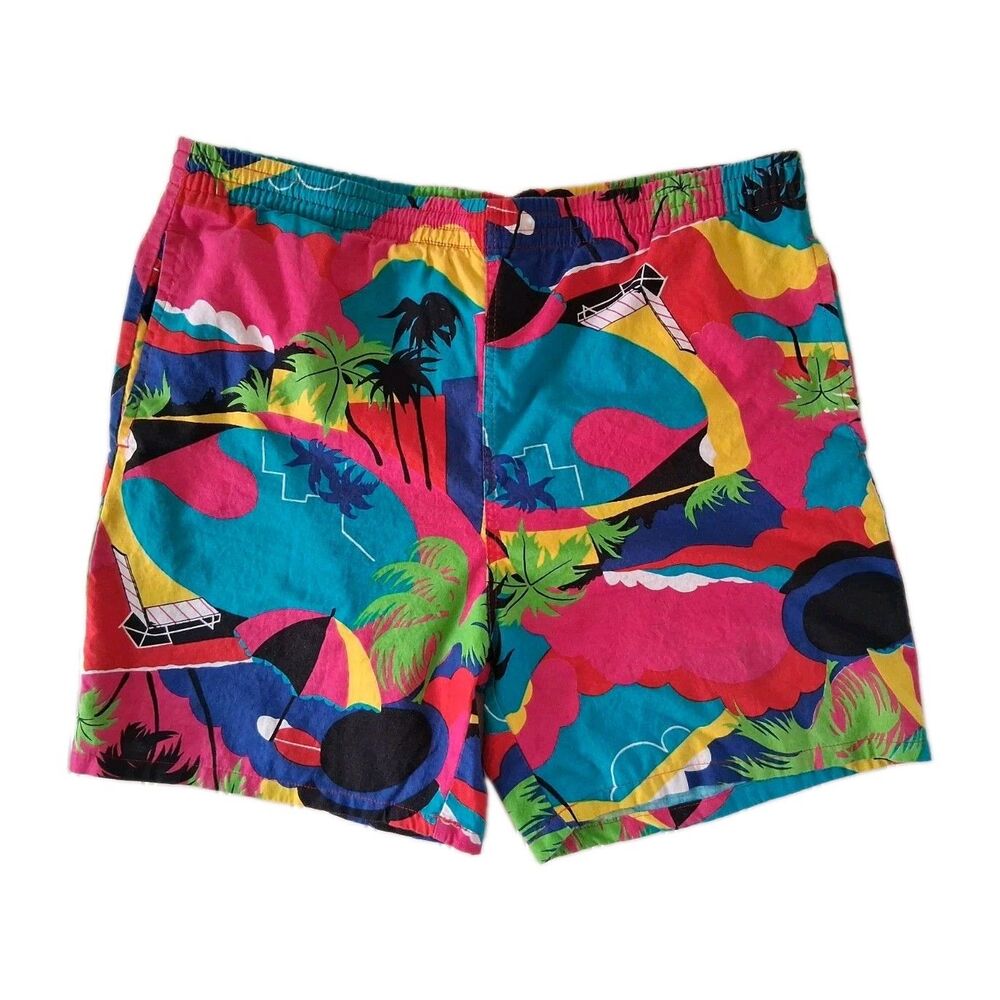 VTG McGregor Swim Trunks Men Size Large Lined Drawstring Cotton 90s Pink Blue